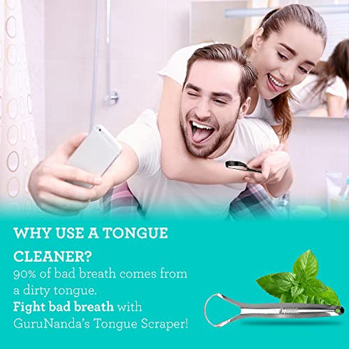 GuruNanda Stainless Steel Tongue Scraper (Pack of 2), Fight Bad Breath, Medical Grade 100% Stainless Steel Tongue Cleaner, Tongue Scraper For Adults and Kids, Great For Oral Care, Travel Friendly
