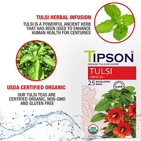Tipson Tulsi Herbal Infusion - Hibiscus - 25 Organic Tea Bags - Caffeine Free - NonGMO - Gluten Free- Double Chambered Foil Enveloped Bags