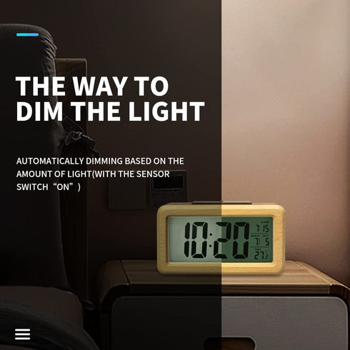 Everwood Battery Operated Wooden LCD Digital Alarm Clock with Smart Sensor Night Light, Snooze for Bedrooms (Wood)