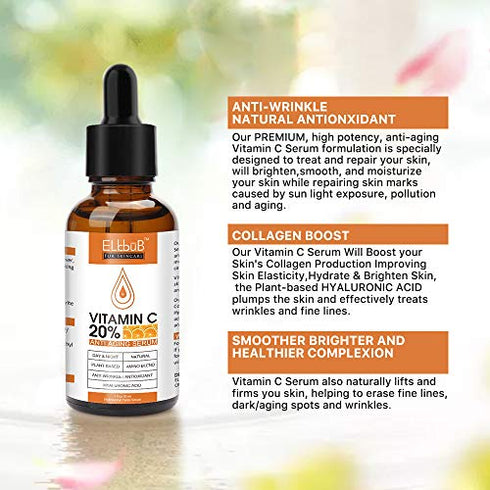 Premium 20% Vitamin C Serum For Face with Hyaluronic Acid, Retinol & Amino Acids - Boost Skin Collagen, Brighten Hydrate & Plump Skin, Anti Aging & Wrinkle Facial Serum