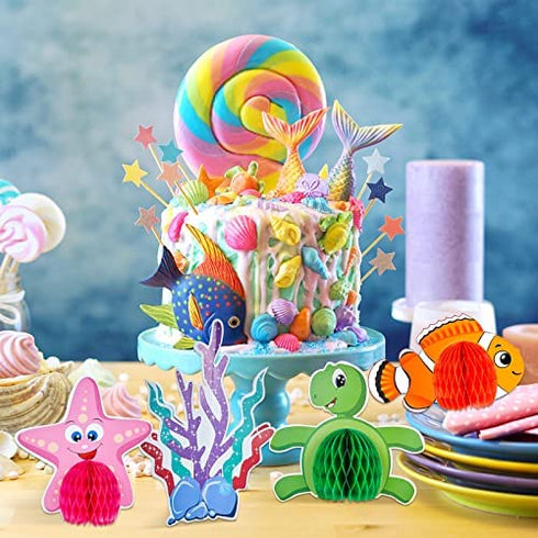 12 Pieces Ocean Sea Animal Honeycomb Centerpiece Under the Sea Table Decorations Ocean Themed Marine Creature Decoration Fish Mermaid Table Honeycomb for Beach Themed Birthday Party Baby Shower