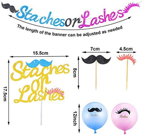 50 Pieces Staches or Lashes Set Include Gender Reveal Banner Cake and Cupcake Topper Balloons for Boy or Girl Baby Shower Birthday Party Decorations Kits (Blue and Pink)