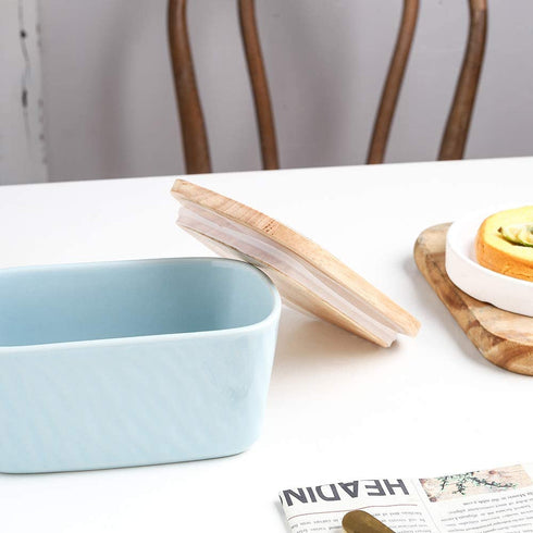 KOOV Porcelain Large Butter Dish with Lid for Countertop, Airtight Butter Container with Oak Lid, Butter Crock, Perfect for 2 Sticks of Butter, Texture Series (Sky)