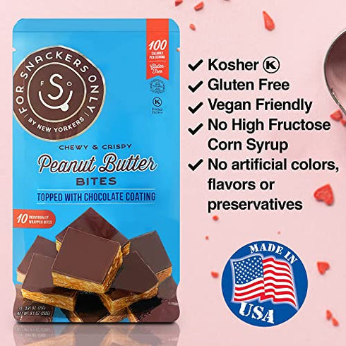 Peanut Butter Bites Topped with Chocolate Coating - Gluten Free - Vegan Friendly - Non Dairy Kosher Pareve - 100 Calorie Snack - 10 Individually Wrapped Pieces in a Bag - For Snackers Only
