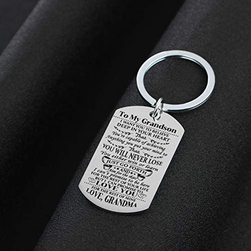 Grandson Keychain Key Ring Believe Inspirational Gifts from Grandma Grandmother Birthday Graduation Christmas Gifts Jewelry Grandma To Grandson Gifts