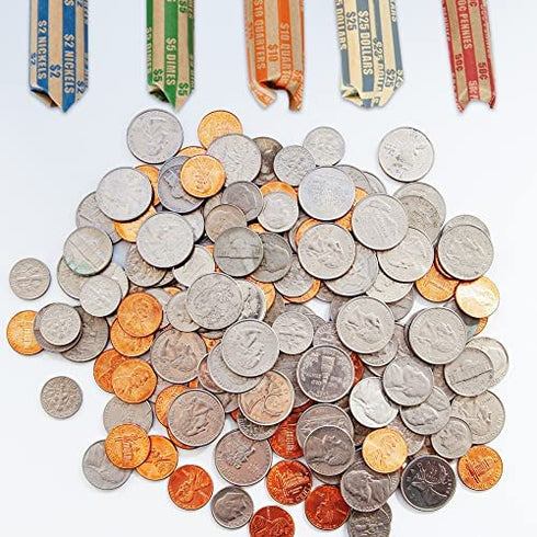 NATURALABEL 250 Assorted Flat Coin Wrappers, 50 Each of Quarters, Dollars, Dimes, Nickels, Pennies, Coin Striped Kraft Packing