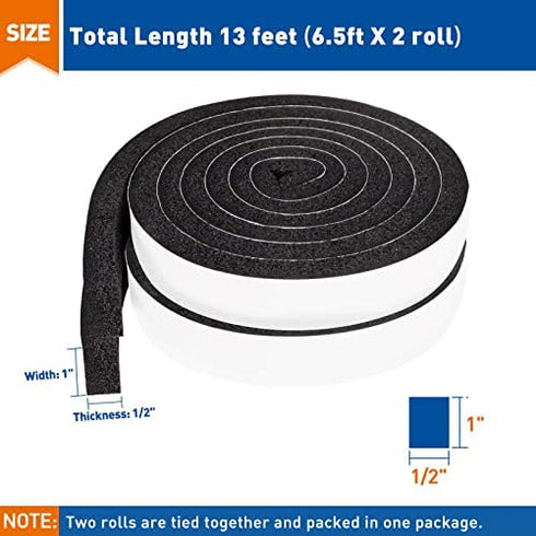 MAGZO Weather Stripping 1 Inch W X 1/2 Inch T, Foam Insulation Strips High Resilience Total Length 13 Feet (6.5 ft x 2 Rolls)