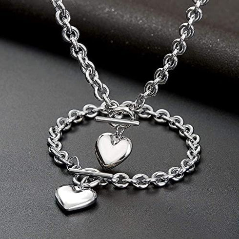 Silver 18k Gold Rose Gold Plated Charm Chunky Stainless Steel Chain Heart Toggle Choker Bracelet Necklace Set for Womens Girls Fashion Valentine Jewelry Set
