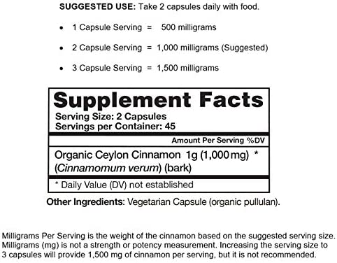 Organic Ceylon Cinnamon (100% Certified) Supplement, 90 Capsules by Ceylon Cinnamon Shop