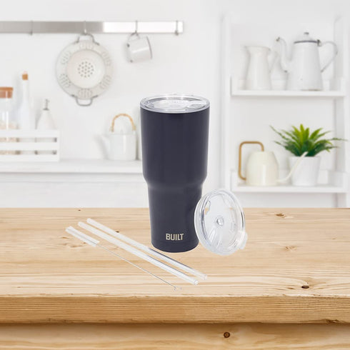 BUILT Double Walled Stainless Steel Tumbler Set with Replacement Lid, 2 Reusable Tritan Wire Straw Cleaning Brush in Gift Box, 30 Ounce, Inkwell