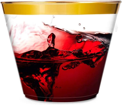 100 Plastic Cups 9 Oz Gold Plastic Cups Old Fashioned Tumblers Gold Rimmed Plastic Cups for Party Decorations Disposable Clear Plastic Cups for Wedding Cups Elegant Party Cups