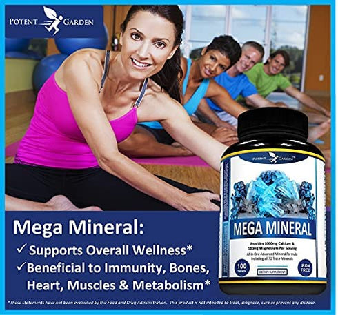 Potent Garden Mega Mineral Supplement Complete Mineral Complex with Calcium Magnesium Zinc Potassium Boron Selenium Chromium & 72 Trace Minerals Iron Free Calcium Supplement -100 Pills