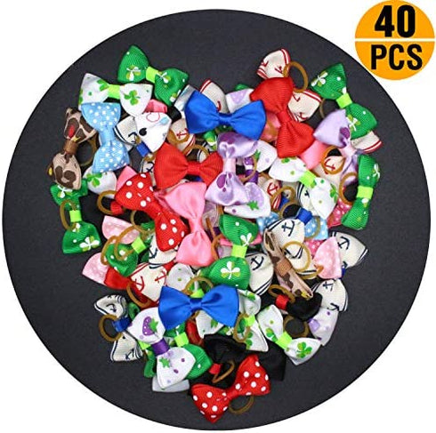 YOY 40 Pcs Adorable Grosgrain Ribbon Pet Dog Hair Bows with Elastics Ties - Stretchy Rubber Bands Doggy Kitty Topknot Grooming Accessories Set for Long Hair Puppy Cat