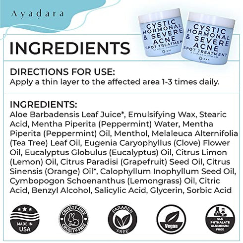 AYADARA Cystic, Hormonal & Severe Acne Spot Treatment, Natural Pimple Cream with Salicylic Acid & Tea Tree for Teens & Adults, Zit, Milia, & Blemish Minimizer for a Clean Face & Body, 150+ Treatments