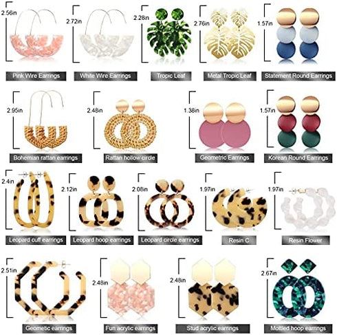 FIFATA 18 Pairs Statement Rattan Earrings for Women Girls Fun Acrylic Hoop Drop Dangle Earrings Fashion Resin Jewelry Set Hypoallergenic for Sensitive Ears