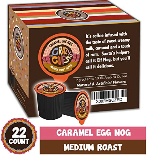 Crazy Cups Flavored Coffee Pods, Eggnog Coffee, Holiday Blend Coffee, Single Serve Coffee for Keurig K Cups Machines, Hot or Iced Coffee, Medium Roast Coffee in Recyclable Pods, 22 Count