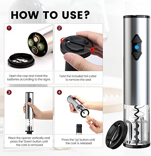 CIRCLE JOY Electric Wine Opener, Battery Wine Opener, Wine Bottle Opener, Electric Corkscrew, Wine Puller, Wine Screwpull, Uncorker, Cork Remover, Stainless Steel