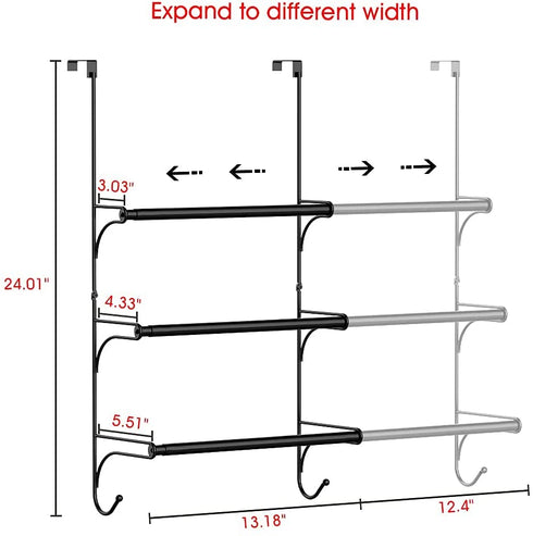 Auledio Adjustable Over The Door Triple Towel Rack with Hooks,Black