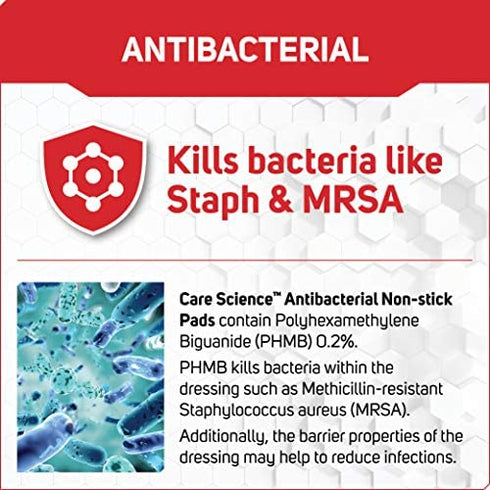 Care Science Antibacterial Non Adherent Pads, 3 in x 4 in, 8 ct | Non Stick Pads for Covering Wounds, Kills Staph & MRSA, Helps Prevent Infection