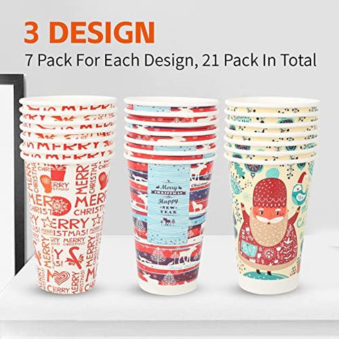 Richboom Christmas Cups, 21 Count, 16oz Disposable Christmas Coffee Cups Tea Cups Holiday Paper Coffee Cups for Merry Christmas or New Year Party Decorations