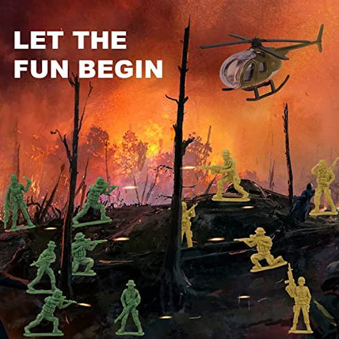 TOY Life Army Men Toys for Boys, Toy Soldiers Army Toys Plastic Green Army Men Army Action Figures Military Toys, Die Cast Metal Military Vehicles with a Bag Toy Helicopter, Halloween Prizes for Kids