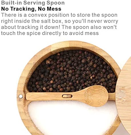 KITCHENDAO Bamboo Salt and Pepper Bowl Box Cellar Container Divided, Built-in Serving Spoon to Avoid Dust, Swivel Lid to Keep Dry, Sea Salt Spice Seasoning Keeper Holder, Dual 7 Ounce Capacity