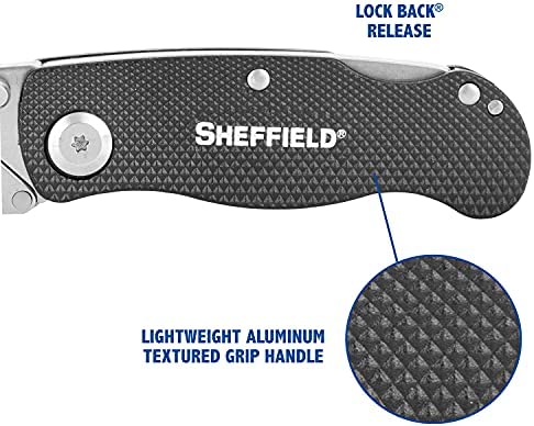 Sheffield 12613 Ultimate Lock Back Utility Knife, Folding, Box Cutter Knife, Carpet Knife, Drywall Cutter, and More, Quick-Change Blade, Back Lock Design, Black