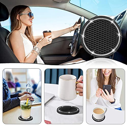 Car Coasters, 4 Pack Universal Vehicle Bling Car Coaster, COCASES Crystal Rhinestone Coaster For Cup Holders, Car Interior Accessories 2.75'' Silicone Anti Slip Car Coasters For Women ( Black )