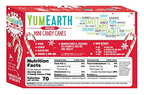 YumEarth Organic Mini Candy Canes, 30 Canes Per Pack - Allergy Friendly, Non GMO, Gluten Free, Vegan