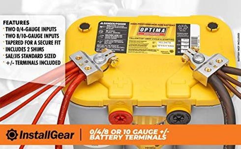 InstallGear 0/4/8 or 10 Gauge Battery Terminals with Shims - Positive and Negative | for Car Battery, Battery Pack, Battery Terminal Connectors, 0 Gauge, 4 Gauge, 8 Gauge, and 10 Gauge Wires