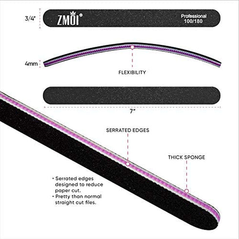 ZMOI Professional Nail Files, 12 PCS Washable Double Sided Emory Board 100/180 Grit for Natural/Acrylic Nails, Waterproof and Durable Design, Ergonomic and Practical, Ideal for Salon, Home Use