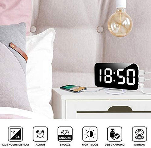 Lamisola Digital Alarm Clock, Large LED Mirror Display, 2 USB Charging Ports?Auto Dim Mode?Modern Design Clock for Bedroom Office, White