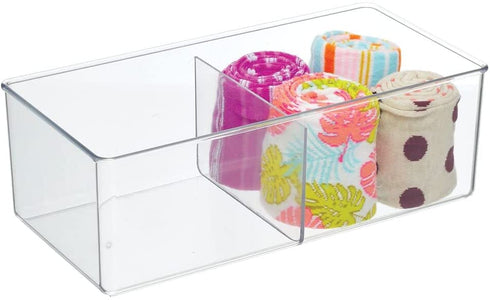 mDesign Plastic 2 Compartment Divided Drawer and Closet Storage Bin - Organizer for Scarves, Socks, Bras, and Underwear - Dress Drawer Organizer, Shelf Organization -2 Pack - Clear