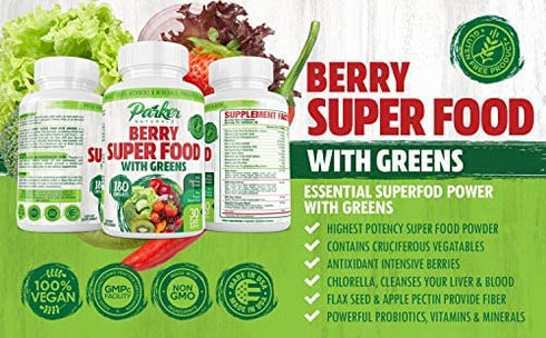 Parker Naturals Berry Green Superfood Capsules 180 ct. with Organic Greens & Organic Fruits, Enzymes, Probiotics, Antioxidants, Vitamins, Minerals - Alkalize & Detox - Non GMO, Vegan & Gluten Free