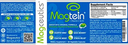 Magtein Magnesium L- Threonate - Bioavailable and 100% Water Soluble Magnesium - Clear Brain Fog, Improve Memory, Focus and Attention, Support Sleep and Mood – 30 Day Supply- 60 ct. Veggie Capsules