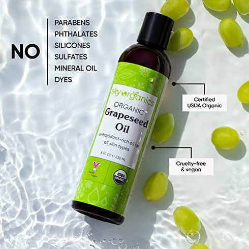Sky Organics Organic Grapeseed Oil for Face, 100% Pure & Cold-Pressed USDA Certified Organic to Moisturize, Clarify & Brighten, 8 fl. Oz
