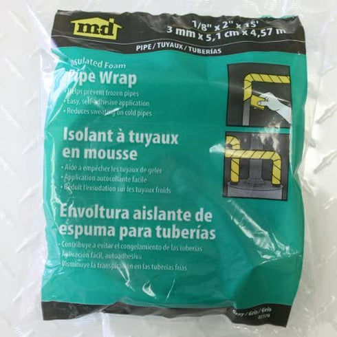 M-D Building Products 2378 M-D 0 Self-Adhesive Pipe Insulation Wrap 2 in Od X 15 Ft L X 1/8 in T, PVC Foam, Black/Silver