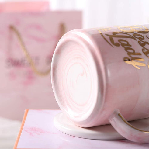 Boss Lady Pink Marble Ceramic Coffee Mug 11.5 Oz with Coasters Boss Lady Mug Birthday Gifts for Women Mom and Girl Female Entrepreneur Business Owner Coffee Mug for Women
