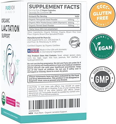 USDA Organic Lactation Supplement - Increase Milk Supply with Herbal Breastfeeding Support - Aid for Mothers - Organic: Fenugreek Seed, Fennel & Milk Thistle - 60 Vegan Capsules (No Pills or Cookies)