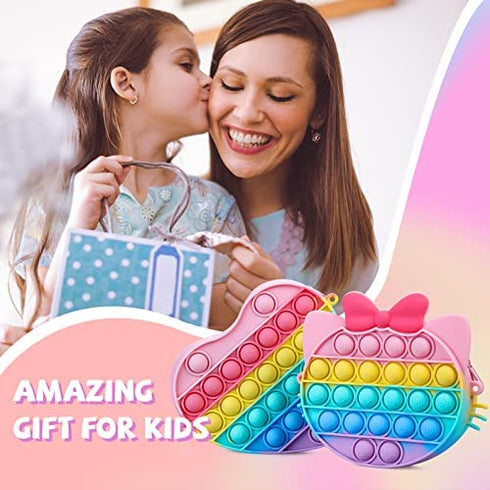 OUMEE 2 Pack Pop Purse Bag Fidget Toys for Girls, Easter Gift Rainbow Pop Fidgets Shoulder Bag Crossbody, Silicone Push Bubble Popper Backpack Easter Decoration Pop Toy for Stress Relief (Cat&Heart)
