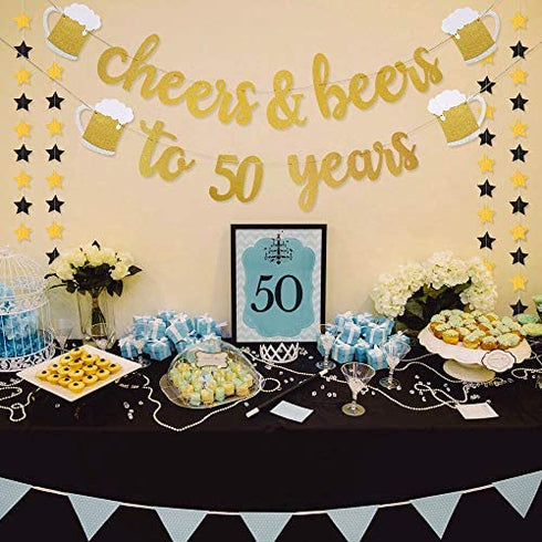 50th Birthday Decorations for Men / Women - 50th Birthday Gifts - Cheers & Beers to 50 Years Gold Glitter Banner - 50th Anniversary Decorations for Party, 50th Wedding Party Supplies for Couple