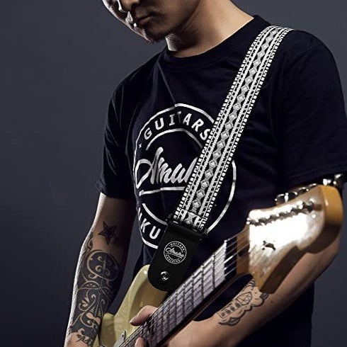 Amumu Guitar Strap Hootenanny Black White Cotton for Acoustic, Electric and Bass Guitars with Strap Blocks & Headstock Strap Tie