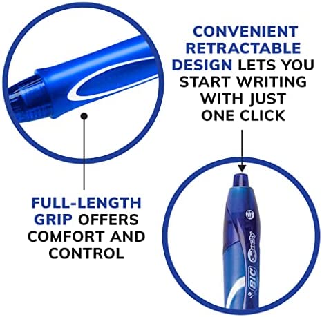 BIC Gel-ocity Quick Dry Blue Gel Pens, Medium Point (0.7mm), 12-Count Pack, Retractable Gel Pens With Comfortable Full Grip