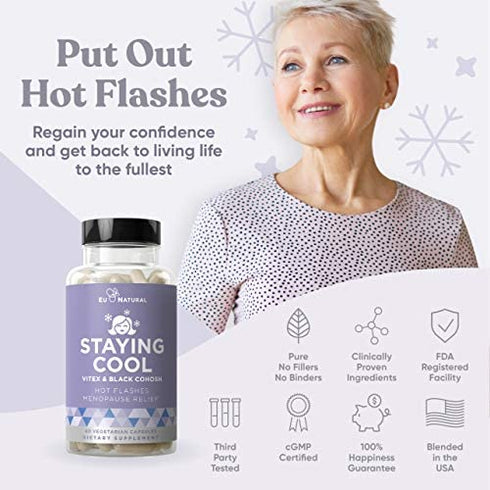 Staying Cool Hot Flashes & Menopause Natural Relief – Hormonal Weight Support, Night Sweats, Disturbed Sleep, Mood Swings – Vitex Chaste Tree & Black Cohosh Pills – 60 Vegetarian Soft Capsules