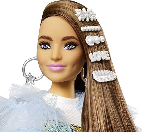 Barbie Extra Doll #9 in Blue Ruffled Jacket with Pet Crocodile, Long Brunette Hair with Bling Hair Clips, Layered Outfit & Accessories, Multiple Flexible Joints, Gift for Kids 3 Years Old & Up , White
