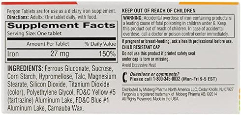 Fergon High Potency Iron Highly Soluble & Easily Digested, 27 mg Iron, 100 Tablets