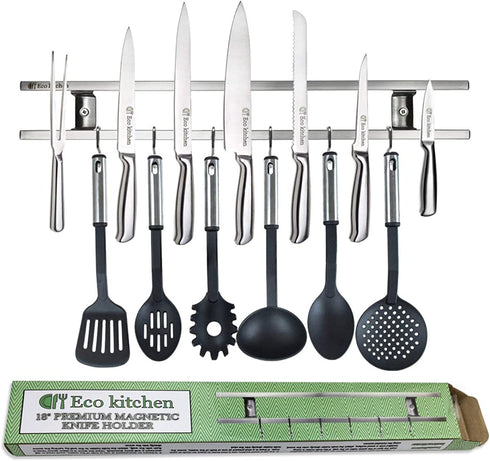 Magnetic Knife Holder for Wall - Metal Knife Magnetic Strip 18 Inch - Stainless Steel Knife Magnet Bar Rack With Hooks - Kitchen Utensil Holder and Knife Storage Holder