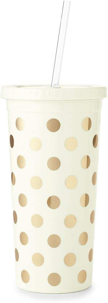 Kate Spade New York Insulated Plastic Tumbler with Reusable Straw, 20 Ounces, Gold Dots