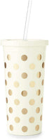 Kate Spade New York Insulated Plastic Tumbler with Reusable Straw, 20 Ounces, Gold Dots
