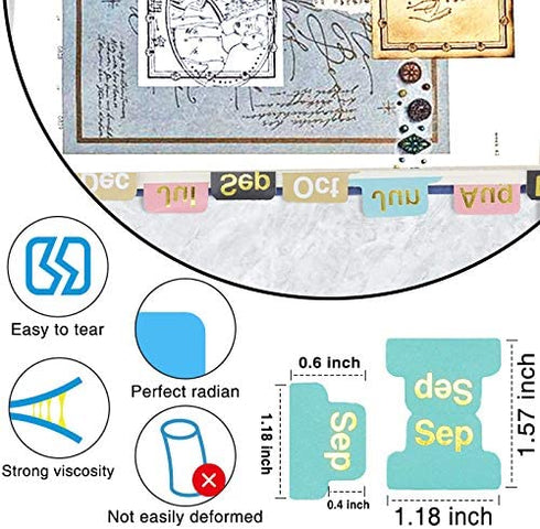 OWLKELA - 48 Pieces Self-Adhesive Month Stickers, Adhesive Tabs Designer Accessories Monthly Tabs Planner Stickers Decorative, Planner Tabs for Journal and Notebook